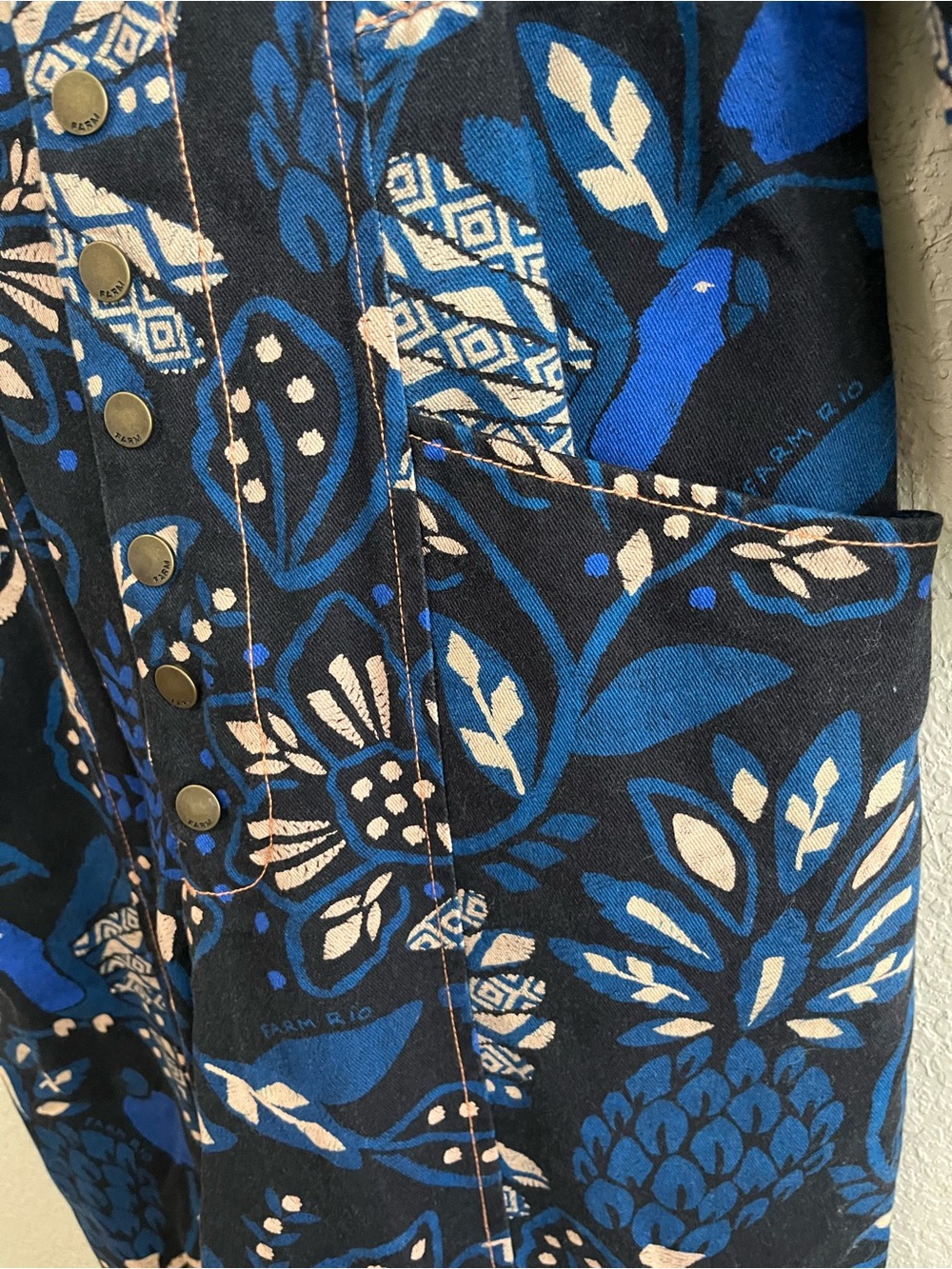 FARM Rio Macaw Forest Tropical Cotton Jumpsuit Black Blue Medium Anthropologie - Picture 10 of 16